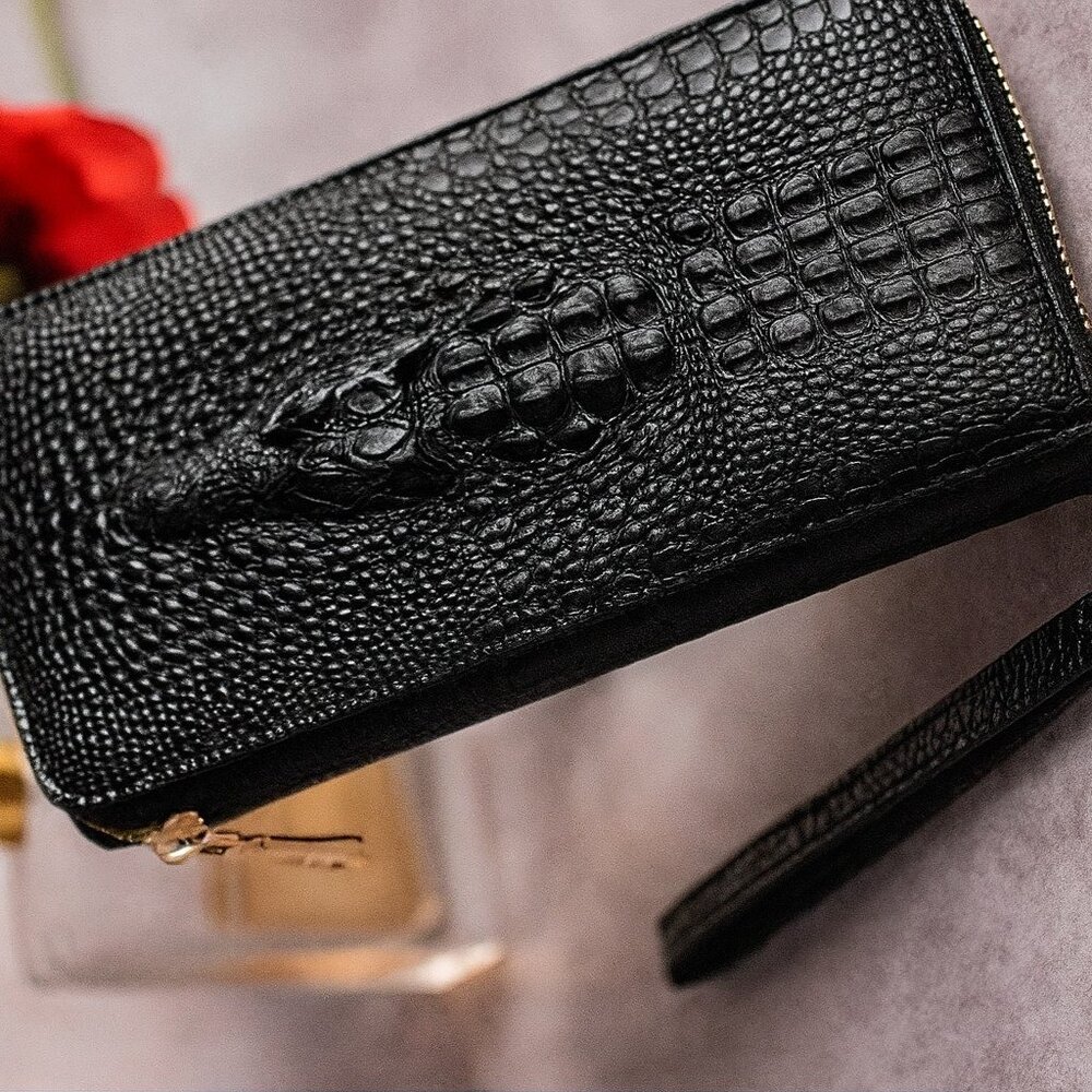 Alligator Crocodile Zip Around Wallet Clutch Wristlet Black Vegan Leather - Picture 2 of 8